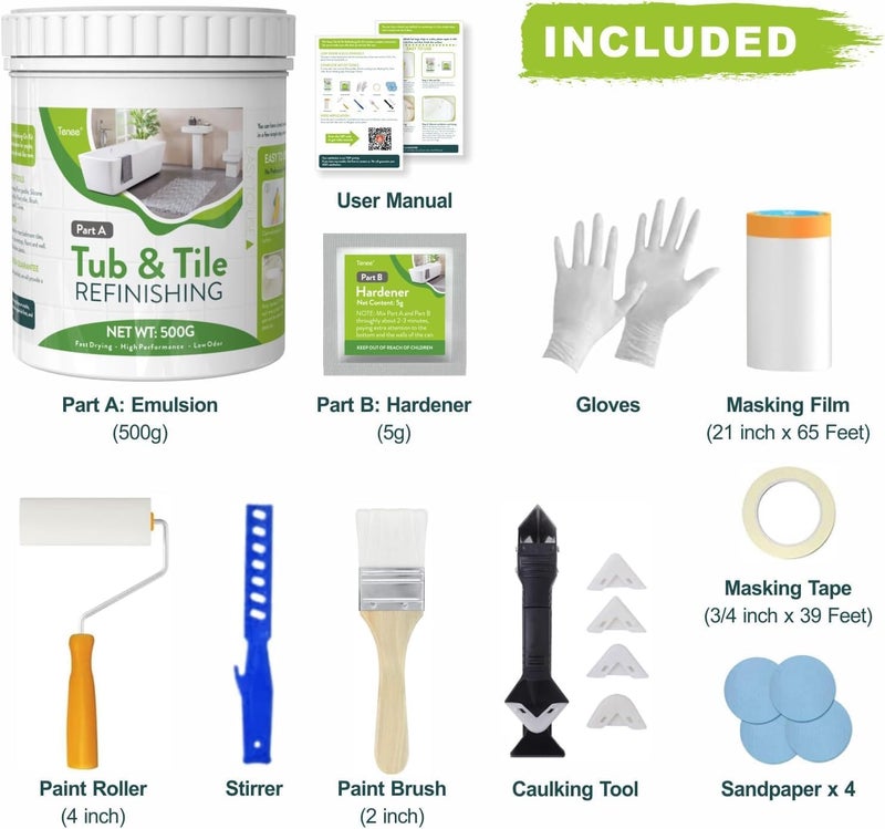 Tenee 16.89 oz White Tub and Tile Paint, Tub and Tile Refinishing Kit with 8 Tools, Semi-Gloss Bathtub Paint for Bathroom, 25-30sq.ft, Low Odor Bathtub Refinishing Kit for Fiberglass - Image 5